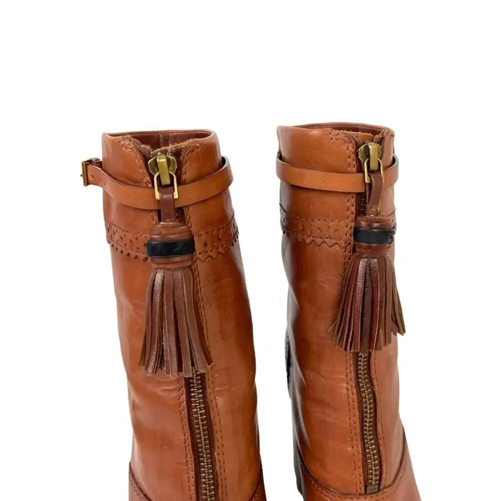TORY BURCH Womens Size 8 Huxley Brown Leather Ankle Boots Tassel Zipper Shoes